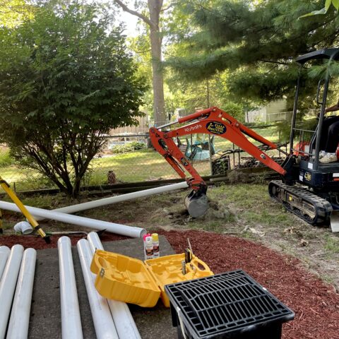 Storm basin drain installation in Stow Ohio with catch basin and drainage piping by N & J Excavating - Part 1